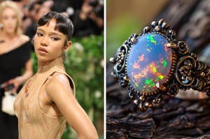 On the left, Taylor Russell wearing a tree inspired dress, and on the right, an opal ring