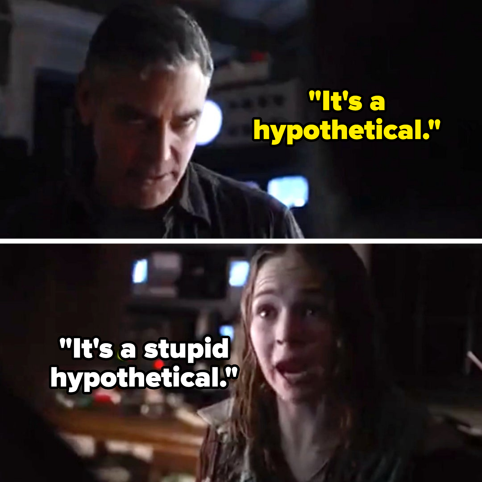 Man and woman in a dimly lit room, showing intense expressions