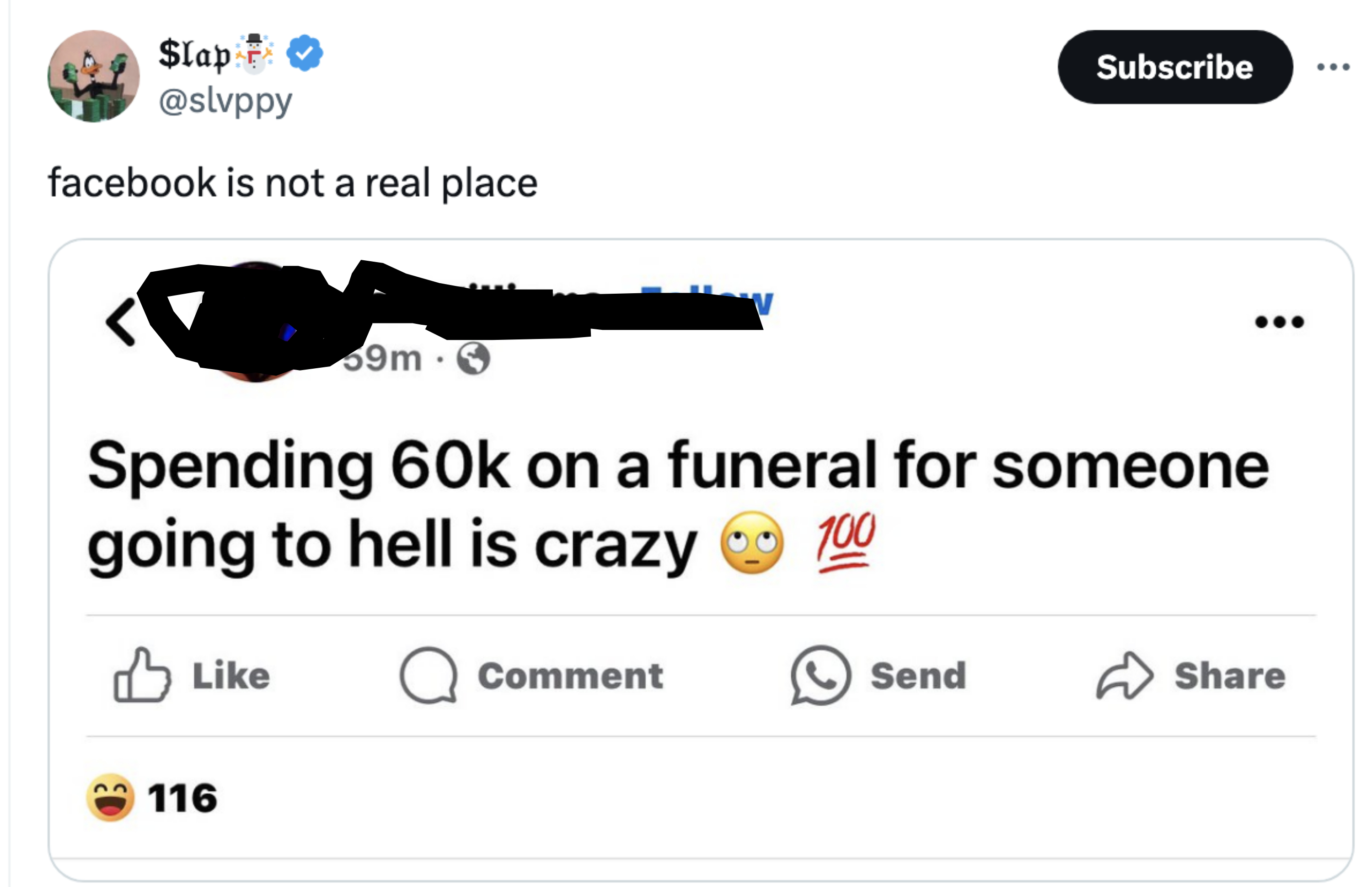 Social media screenshot: User expresses shock at high funeral costs for a presumably bad person