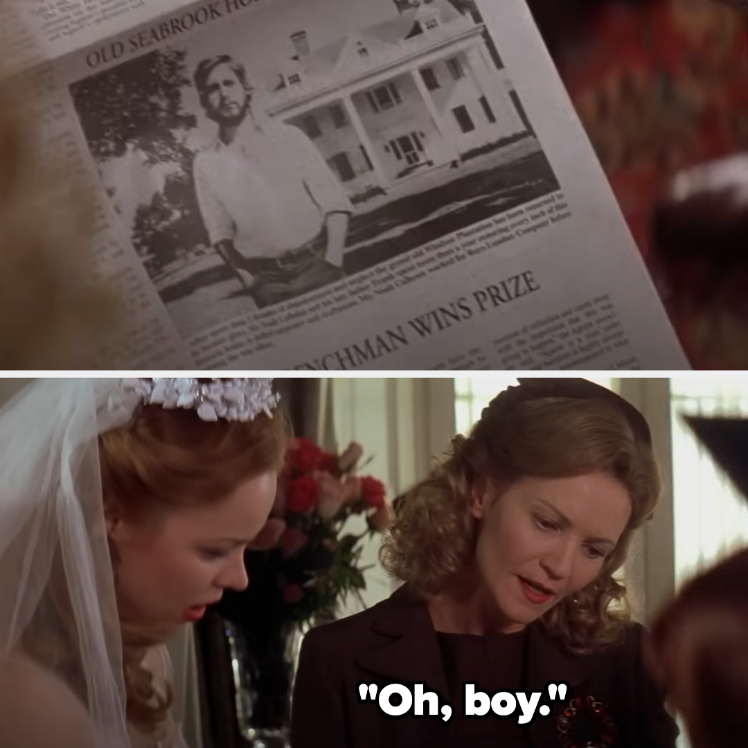 Newspaper headline announcing a prize win with a photo of a man; a woman in wedding attire reacts with the phrase "Oh, boy."