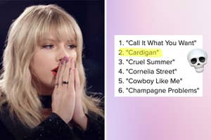 Taylor Swift with hands together near her face, smiling, beside a list of song titles with 'Cardigan' in bold