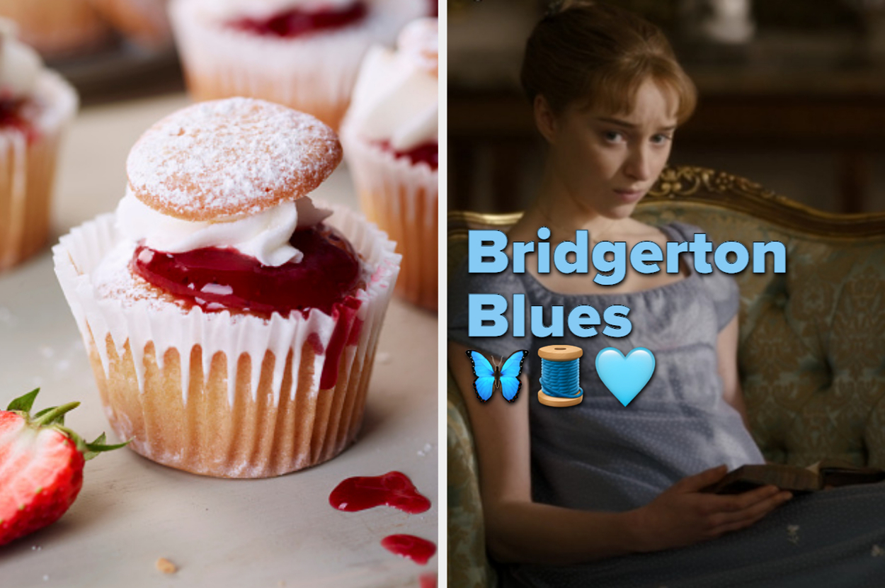 Left: A strawberry-filled cupcake with powdered sugar. Right: Text "Bridgerton Blues" with a woman sitting, looking pensive