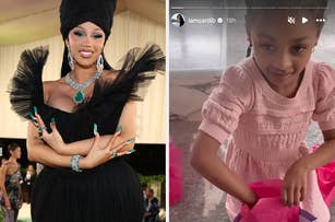 Cardi B in an extravagant black dress with feather details and turquoise jewelry. Child in a pink dress playing with a bag