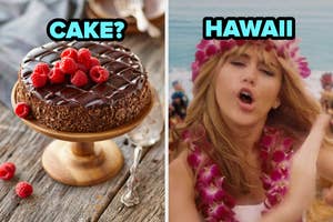 Split image: Left shows a chocolate cake with raspberries; Right depicts a woman wearing a floral garland, eyes closed