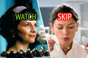 Split image with a woman carrying chocolate captioned 'WATCH' and a chef blowing on a spoon captioned 'SKIP'