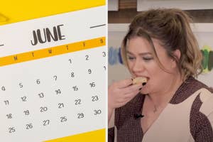 On the left, a June calendar, and on the right, Kelly Clarkson eating a cookie