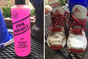 Bottle of Pink Miracle shoe cleaner next to a pair of dirty and clean Adidas sneakers, demonstrating product effectiveness