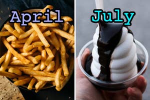On the left, some fries labeled April, and on the right, a hot fudge sundae labeled July