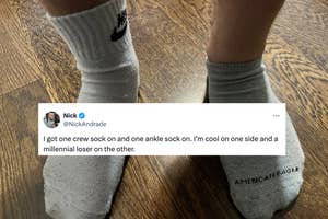 Person wearing mismatched socks, one crew and one ankle, with a humorous caption about generational style