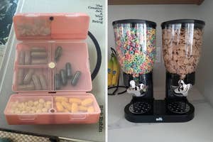 Dual cereal dispensers with breakfast cereals on a kitchen counter next to a medication organizer