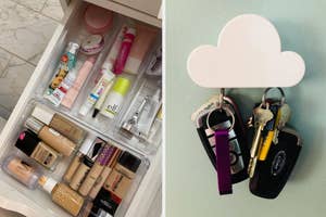 Organized makeup drawer next to a cloud-shaped magnetic key holder with keys attached