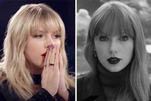 Split image of Taylor Swift, on left with hand to mouth, right in monochrome with turtleneck