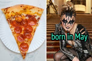 On the left, a slice of pepperoni pizza, and on the right, Jojo Siwa labeled born in May