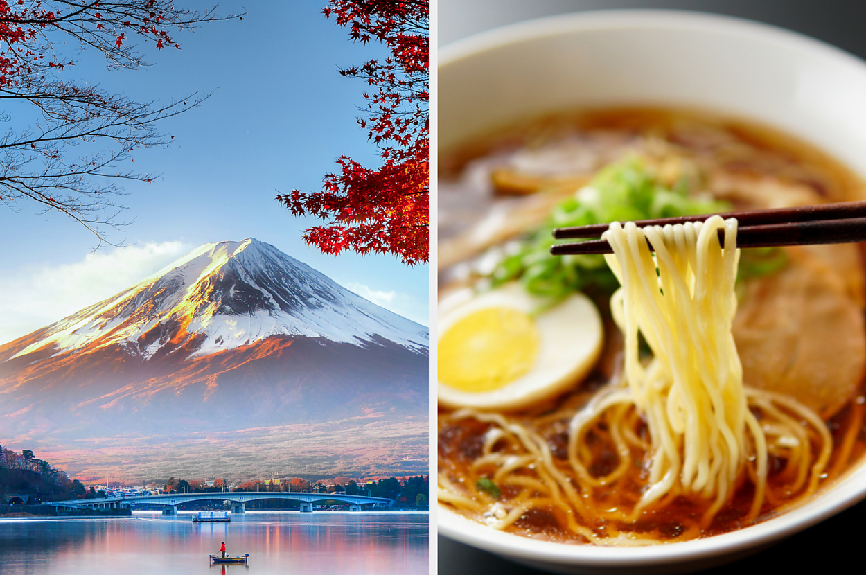 Left: Mount Fuji with a lake in the foreground. Right: Close-up of ramen with toppings and chopsticks.
