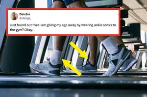 Person on treadmill wearing ankle socks, the tweet joking about ankle socks revealing their age