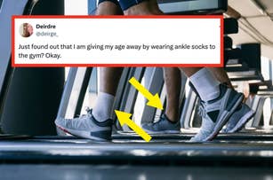 Person on treadmill wearing ankle socks, the tweet joking about ankle socks revealing their age
