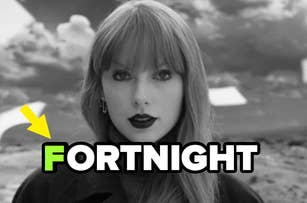 Taylor Swift with textual overlay 'FORTNIGHT', arrow pointing at her. Black and white photo