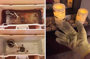 Before and after cleaning a rusty bathtub; hand in a cleaning glove gives a thumbs up next to candlelit clean tub