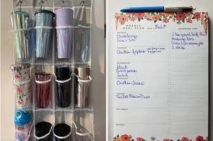 Hanging organizer with various containers and a meal plan board with shopping list section next to it