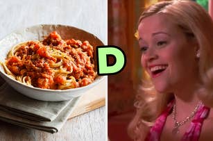 Spaghetti in a bowl; Elle Woods from "Legally Blonde" smiling, wearing a pink top with a letter 'D' graphic