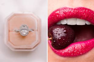 Two-part image; left side features a close-up of an engagement ring, right side shows a mouth biting a wet cherry
