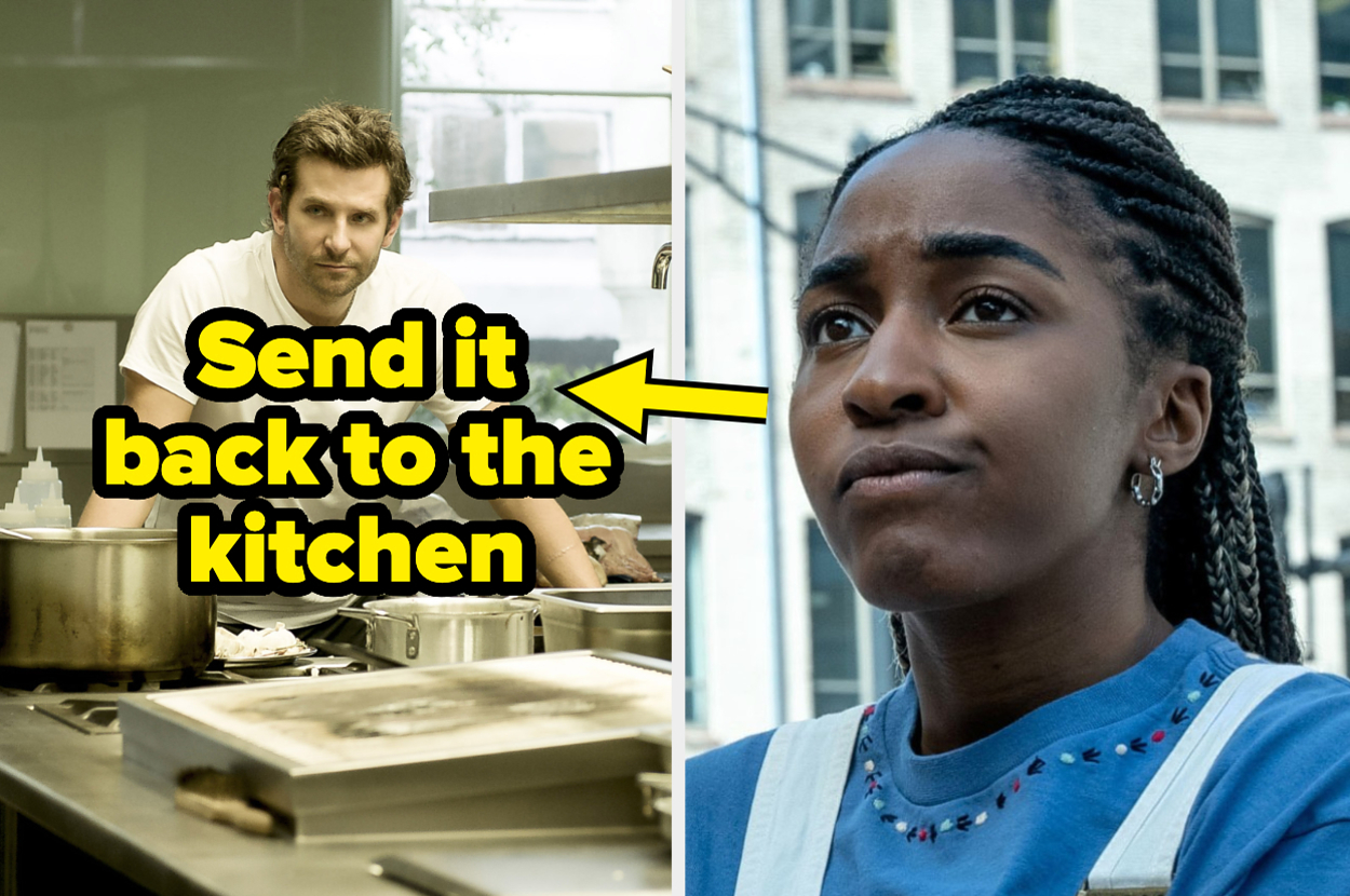 Bradley Cooper as a chef looking frustrated, text bubble "Send it back to the kitchen," Ayo Edebiri looking concerned in a scene from "The Bear"