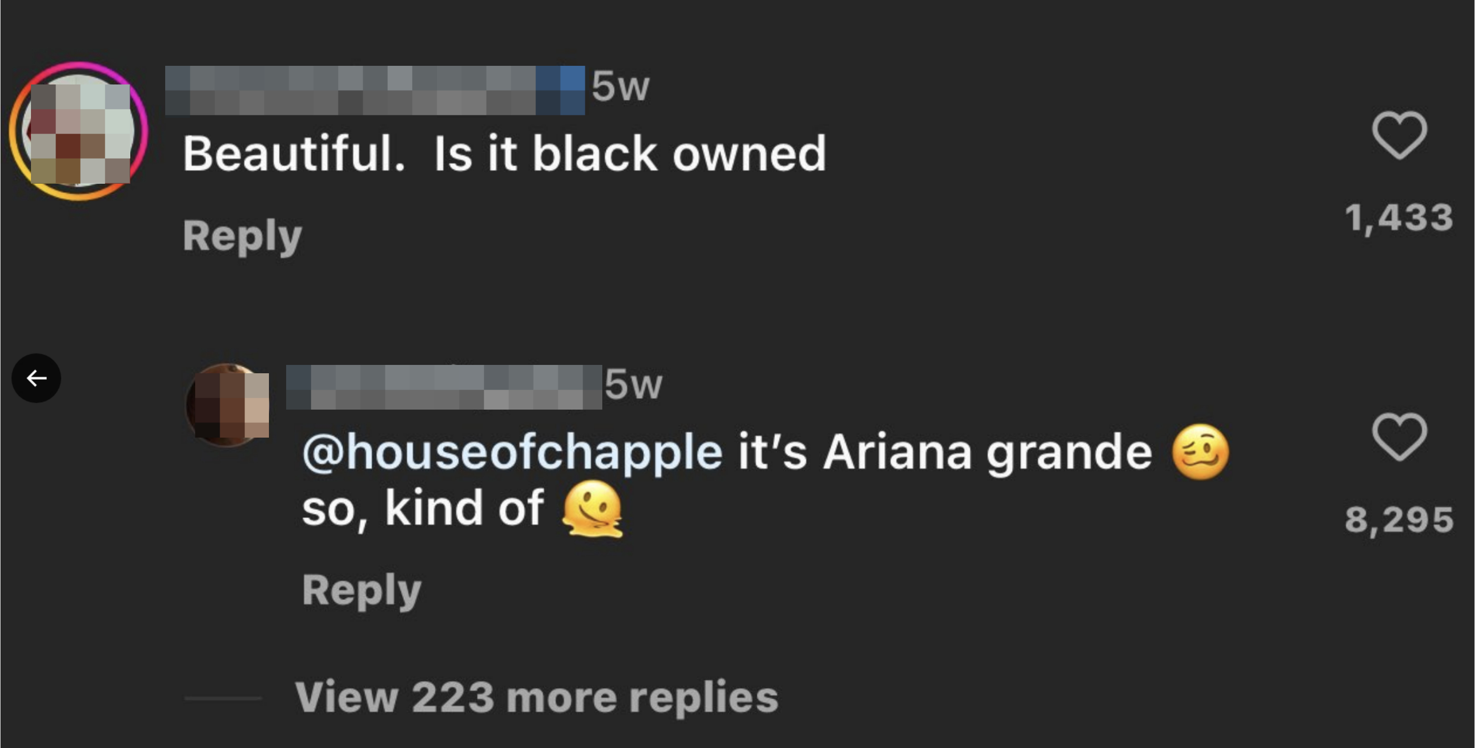 Two user comments under a post, the second correcting the first by stating the post is related to Ariana Grande