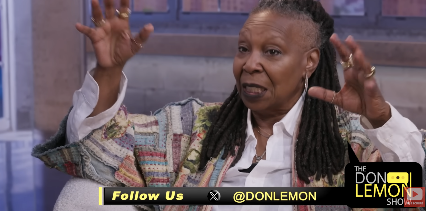 Whoopi Goldberg gestures while speaking on &quot;The Don Lemon Show,&quot; wearing a multicolored jacket