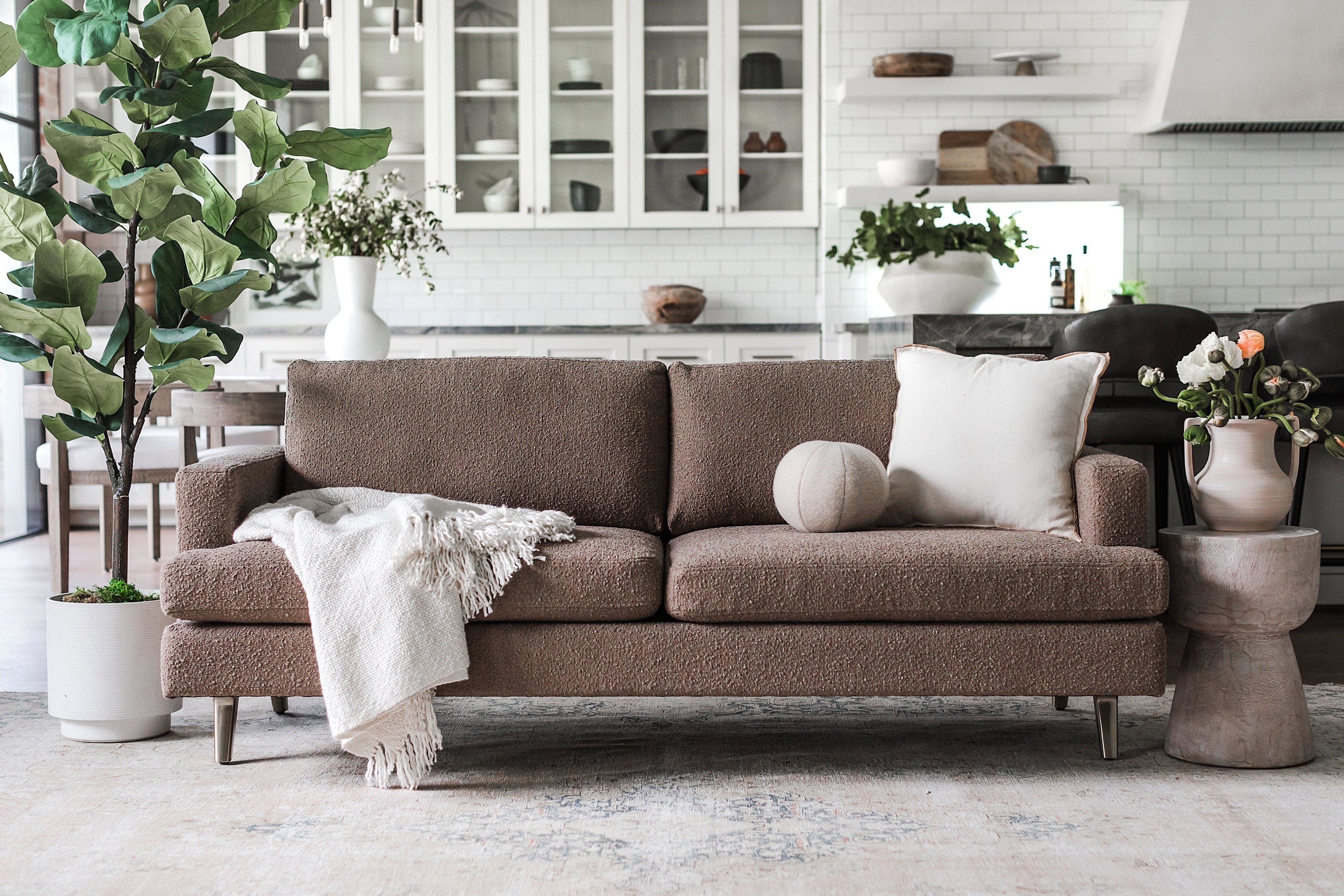 brown boucle midcentury modern sofa