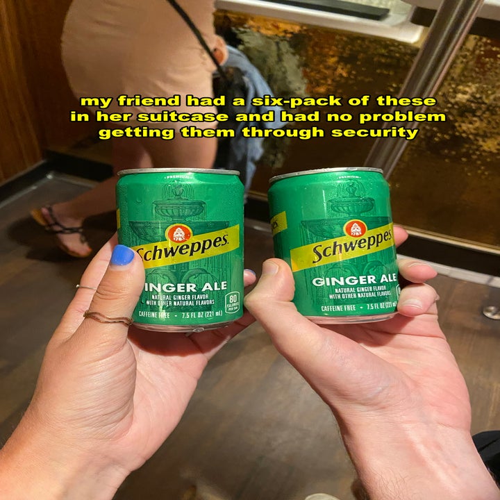 Two hands holding cans of Schweppes Ginger Ale with text about a friend bringing them through airport security