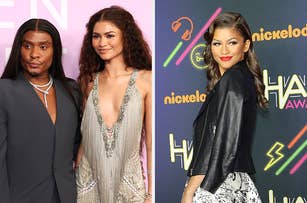 Two images of Zendaya side-by-side; one with a person in a suit and another solo at an awards event, wearing a casual chic outfit
