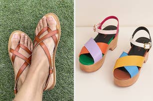 Two photos side-by-side showing a pair of brown strappy sandals on feet and colorful platform sandals