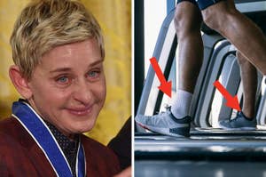 Split image showing Ellen DeGeneres emotional and an individual mid-stride on an elliptical trainer, arrows pointing at shoes