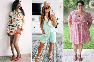 Three models in a printed top, romper, and dress