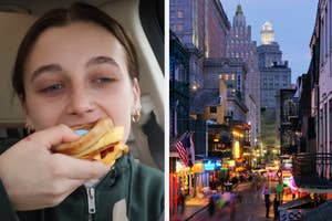 On the left, Emma Chamberlain eating an egg sandwich, and on the right, Bourbon Street in NOLA at dusk