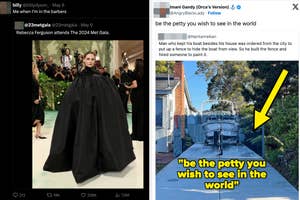 Left: Rebecca Ferguson in a voluminous black gown on a greenery-lined walkway. Right: Tweet with photo of a fence and text about a petty neighborhood act
