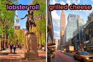 On the left, a city square in Boston labeled lobster roll, and on the right, an NYC street labeled grilled cheese