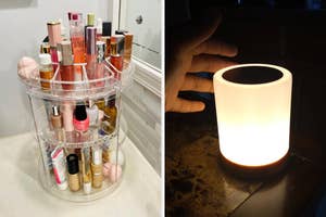reviewer's clear rotating makeup organizer / reviewer's hand near touch lamp that is lit up