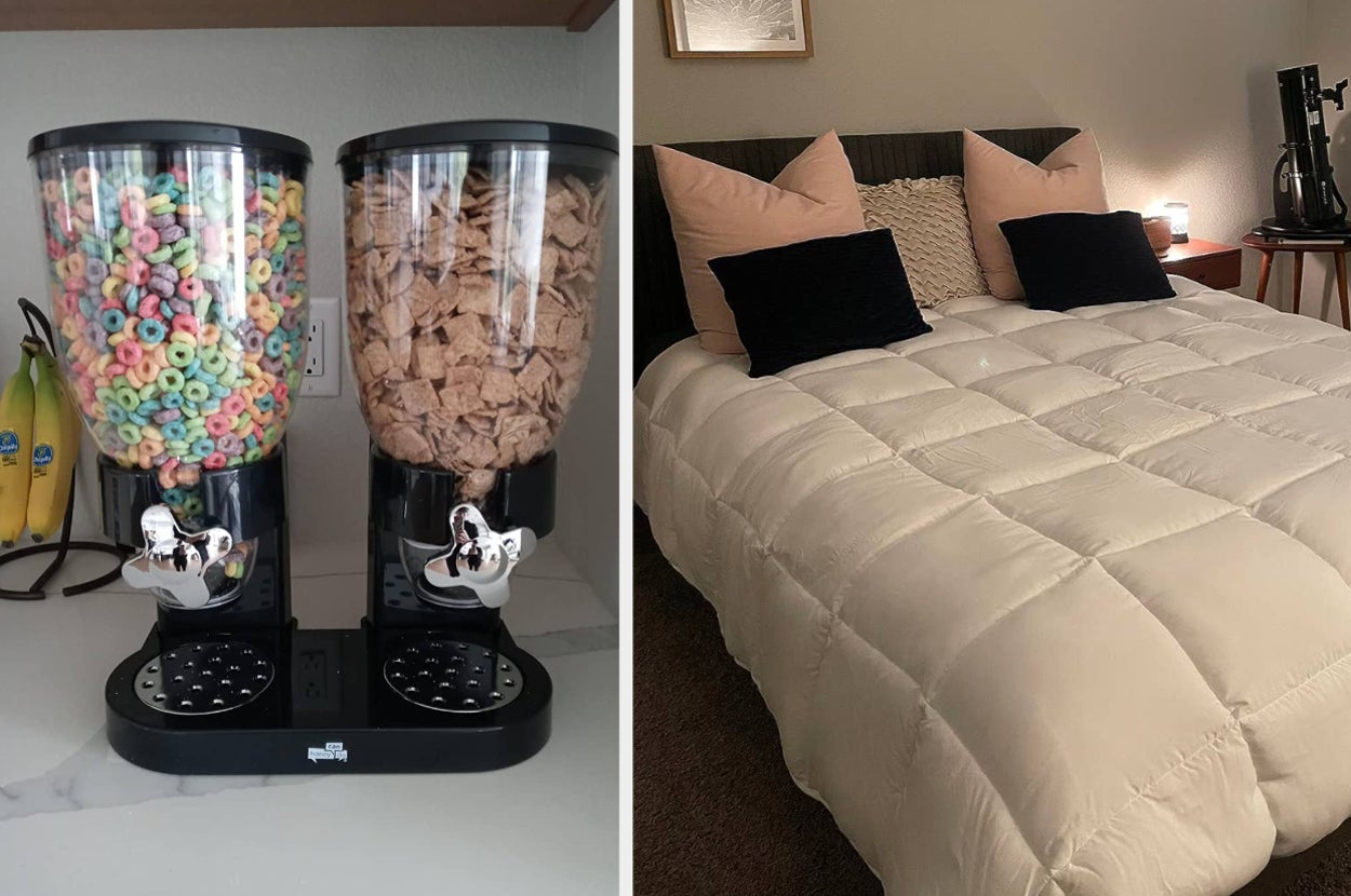 reviewer photo of dispensers holding cereal / reviewer photo of comforter on bed