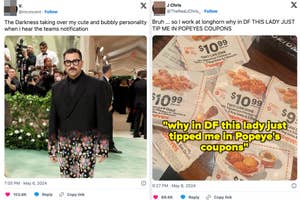 Left: Person on Met Gala red carpet in a black suit with floral pattern. Right: Hand holding Popeyes coupons with a text overlay expressing surprise at receiving them as a tip