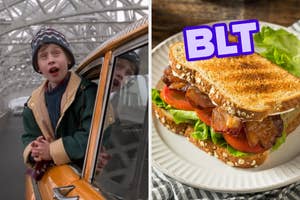 On the left, Kevin from Home Alone peeking his head out of a taxi in NYC, and on the right, a BLT