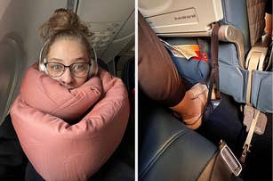Person resting head on travel pillow on a plane seat, with close-up of crossed legs wearing comfortable slip-on shoes