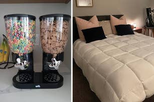 reviewer photo of dispensers holding cereal / reviewer photo of comforter on bed