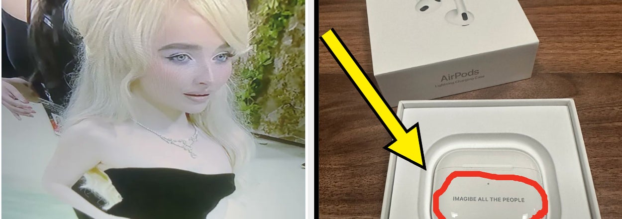 Image left: Elsa from Frozen lookalike with bold makeup and outfit. Image right: AirPods box with one earpiece, humorous text about forgetting the night before