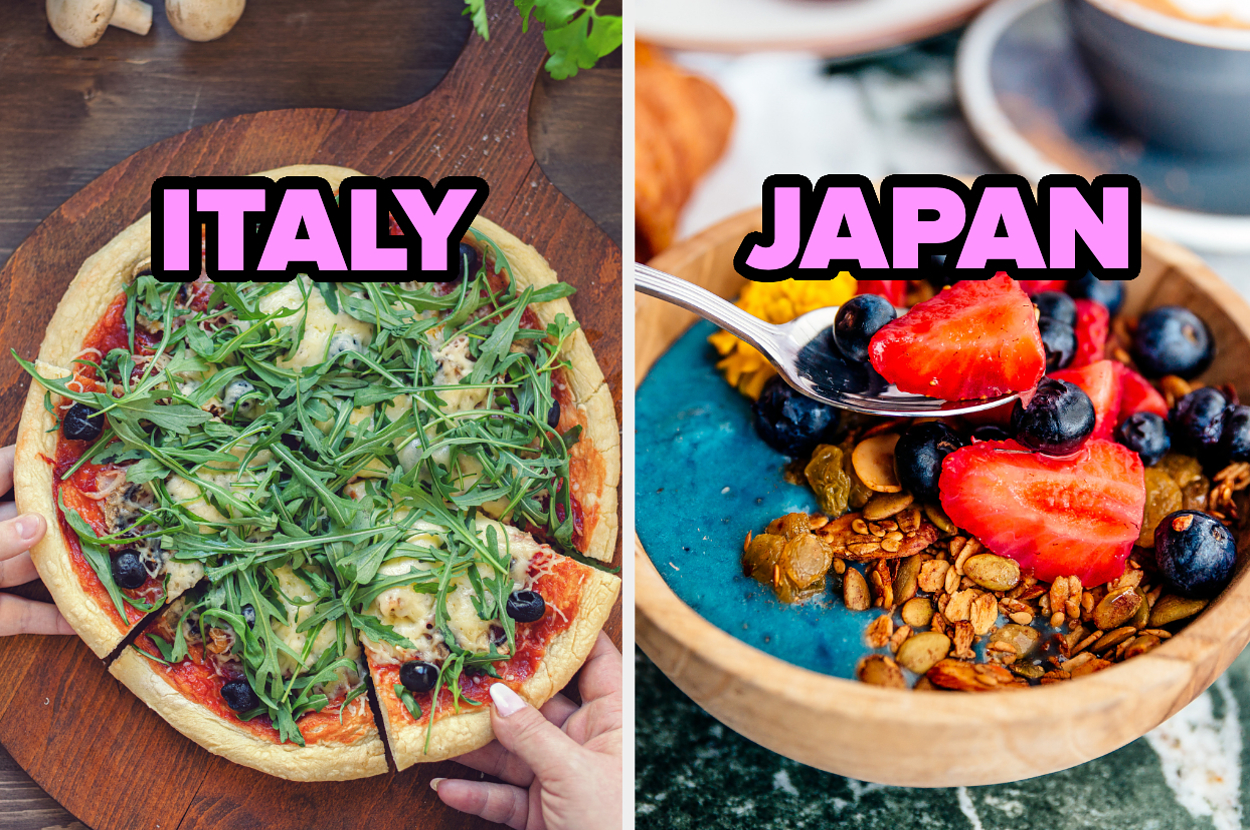 A collage contrasting Italian pizza with Japanese styled breakfast bowl