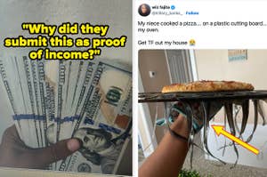 Split image: Left shows hand holding cash with text, right shows poorly cooked pizza on plastic cutting board