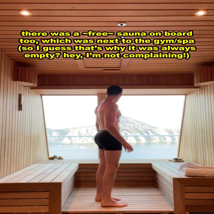 Person standing in a sauna facing window with mountain view, text overlay about gym/spa being empty