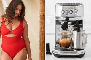 on the left a model in a red one-piece swimsuit, on the right a breville espresso maker
