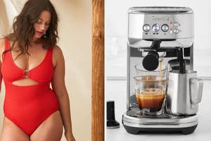 on the left a model in a red one-piece swimsuit, on the right a breville espresso maker