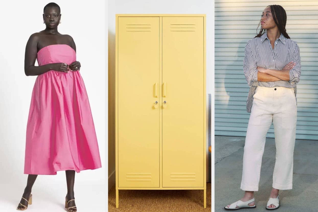 on the left a pink strapless midi dress, in the middle a pastel yellow storage locker, on the right white barrel pants